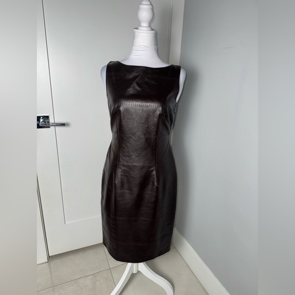 David Meister Brown Leather Sheath Dress/Size 4 - Picture 2 of 9